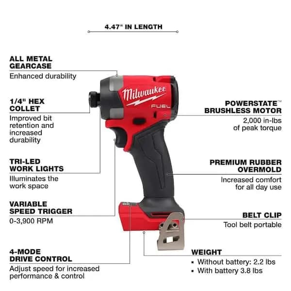 Milwaukee M18 FUEL 18V Lithium-Ion Brushless Cordless 1/4 in. Hex Impact Driver (Tool-Only), 2953-20 [Battery Amp Hours: No Battery, Battery Power Type: Lithium Ion, Battery Voltag