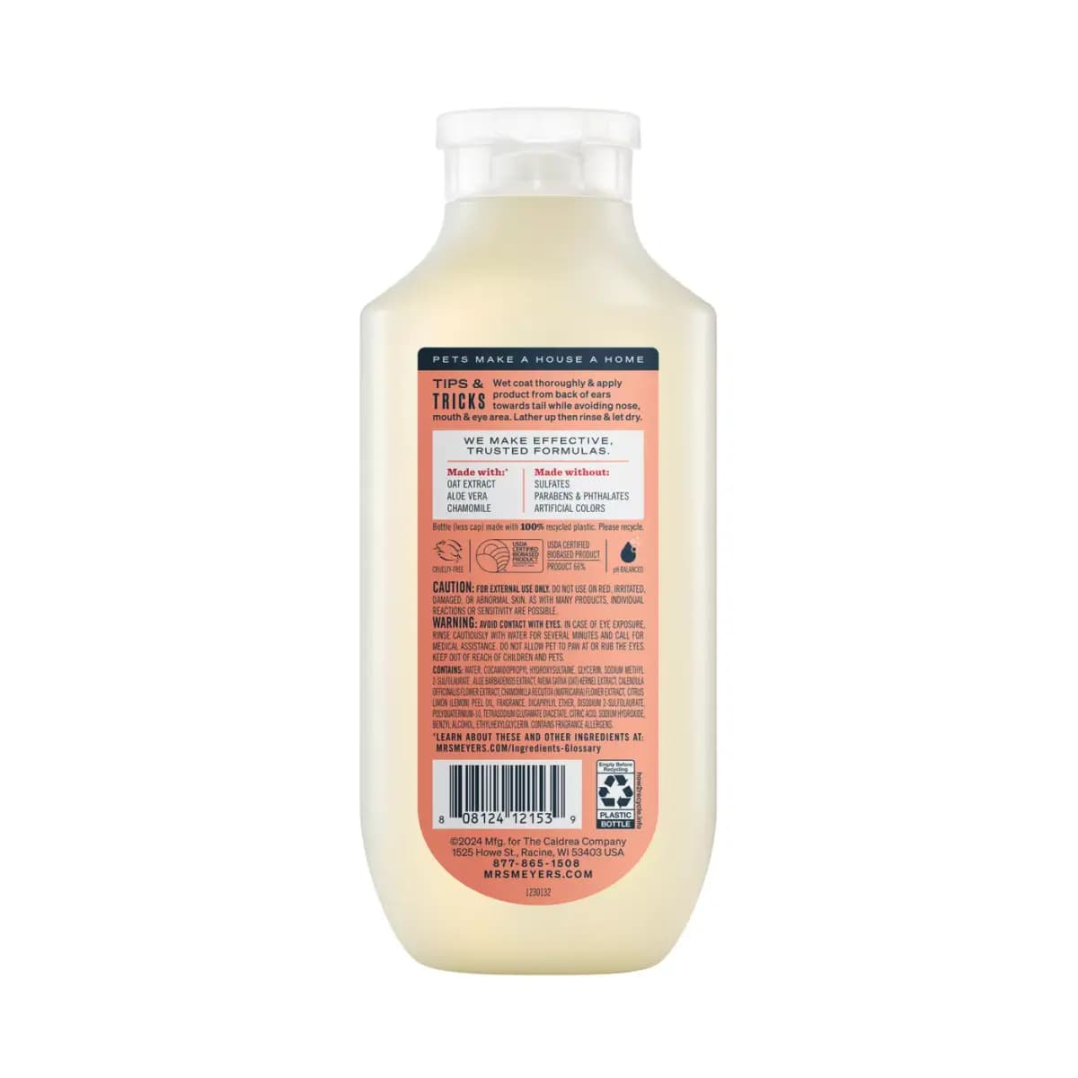 Mrs. Meyer's® 3-in-1 Dog Shampoo & Conditioner - White Peach 14 oz [Intended For Dogs, Includes 1 - 14oz bottle, Dimensions "Unit Depth - 1.85in, Pet Weight No pet weight restricti