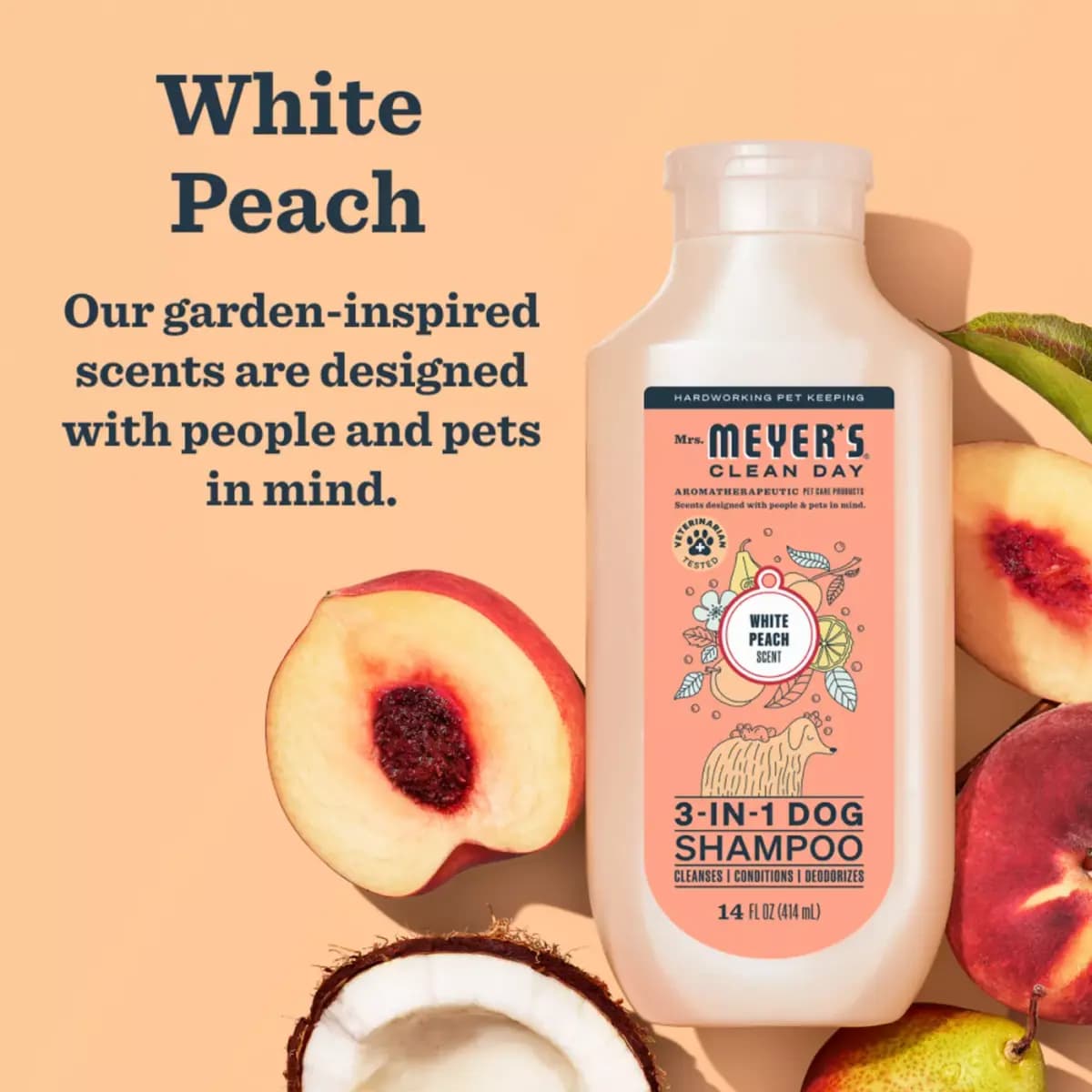 Mrs. Meyer's® 3-in-1 Dog Shampoo & Conditioner - White Peach 14 oz [Intended For Dogs, Includes 1 - 14oz bottle, Dimensions "Unit Depth - 1.85in, Pet Weight No pet weight restricti