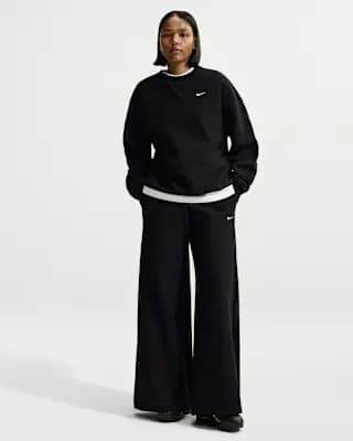 Nike Studio Fleece Heavyweight Women's Mid-Rise Wide-Leg Pants Total Black/Sail [Body: 80% cotton/20% polyester. Pocket bags: 100% cotton., Machine wash, XS (0–2)-XXL (20–22)]