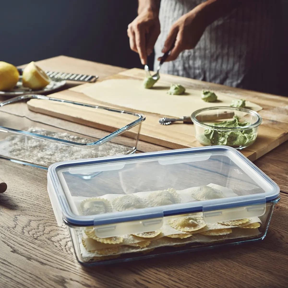 IKEA 365+ food container with lid, rectangular/glass plastic, 3 qt [Length 12 ½ ", Width 8 ¼ ", Height 3 ½ ", Volume 3 qt]