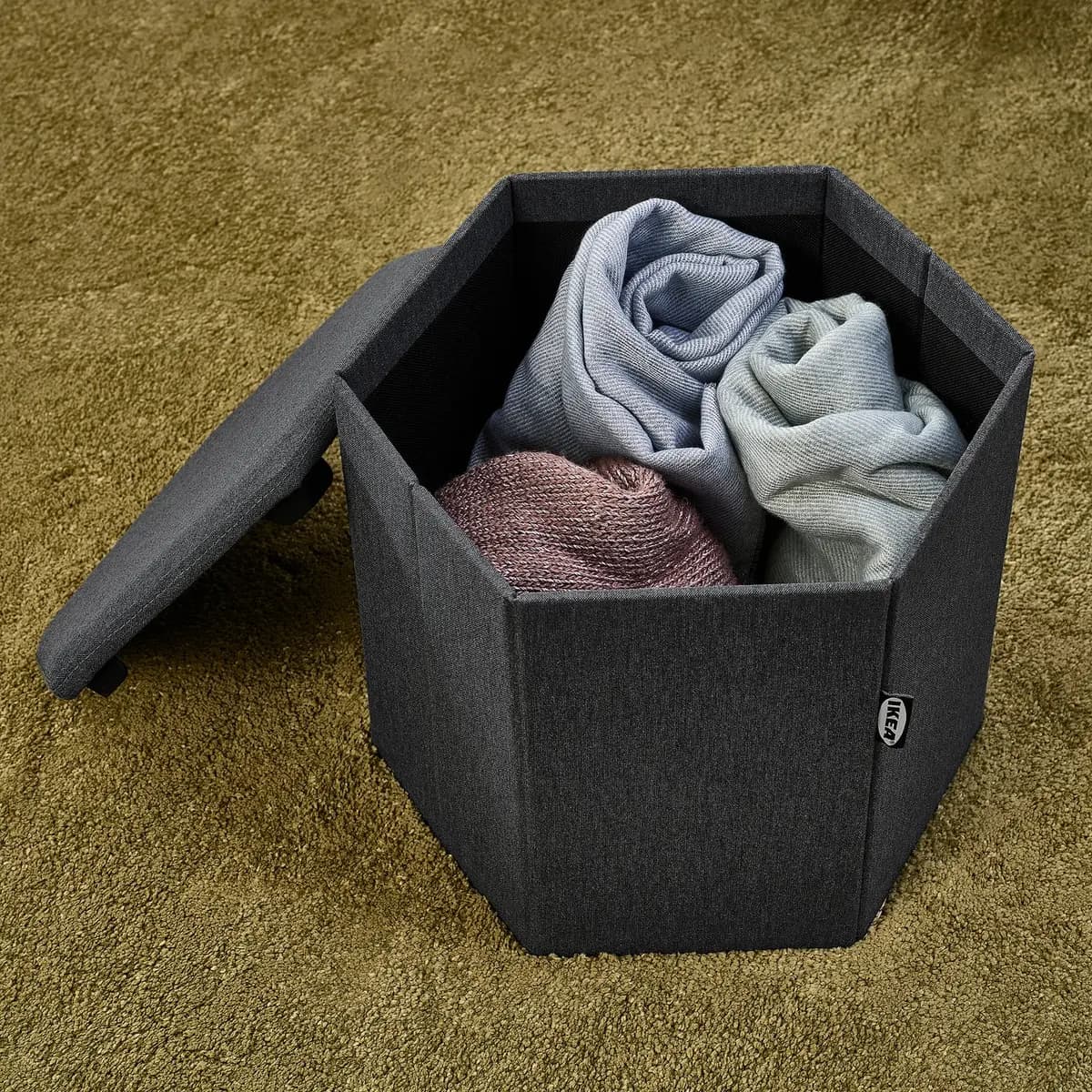 IKEA KJUGE Pouf with storage, Knisa dark gray [Height 13 ", Diameter 15 "]