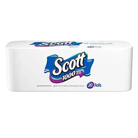 Scott® 1-Ply Toilet Paper, 1000 Sheets Per Roll, Pack Of 20 Rolls [color White, size class Standard, number of sheets per roll 1000, Number Of Rolls Per Unit 20]