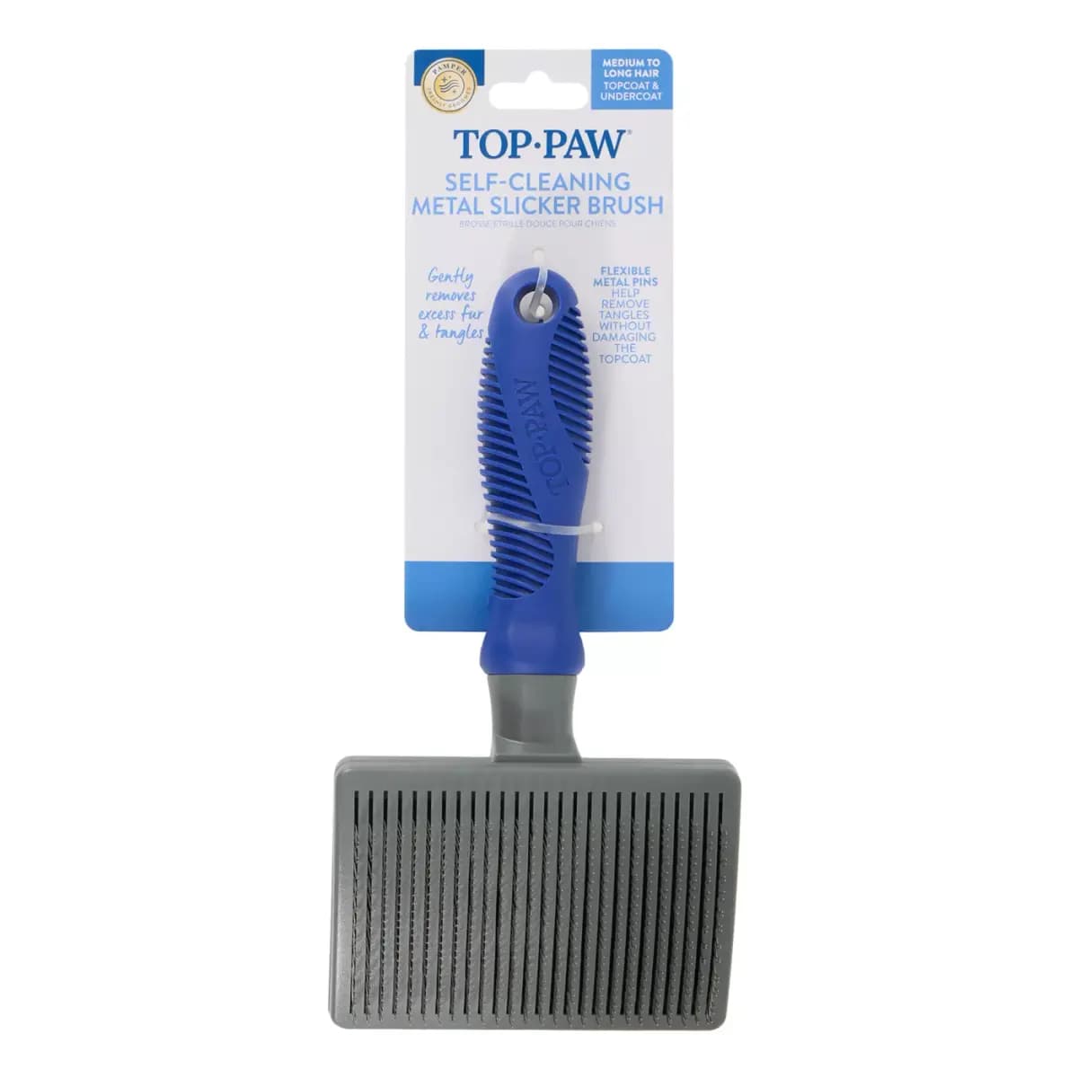 Top Paw® Self-Cleaning Metal Bristle Slicker Grooming Pet Brush [Brand Top Paw, Includes 1 Brush, Intended Pet(s) Dogs, Color Blue, Grey]