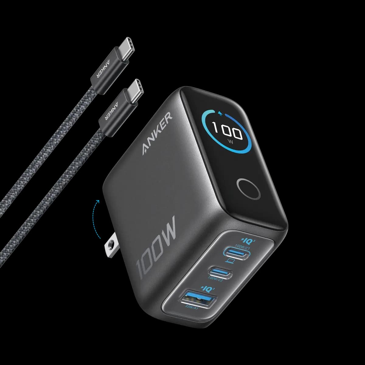 Anker Charger (100W, 3 Ports, Smart Display) [100W Max, 100-240V~, 50 / 60Hz, 2.3A Max, 2.72 × 2.17 × 1.34 in]