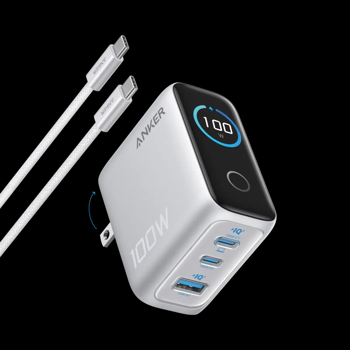 Anker Charger (100W, 3 Ports, Smart Display) [100W Max, 100-240V~, 50 / 60Hz, 2.3A Max, 2.72 × 2.17 × 1.34 in]