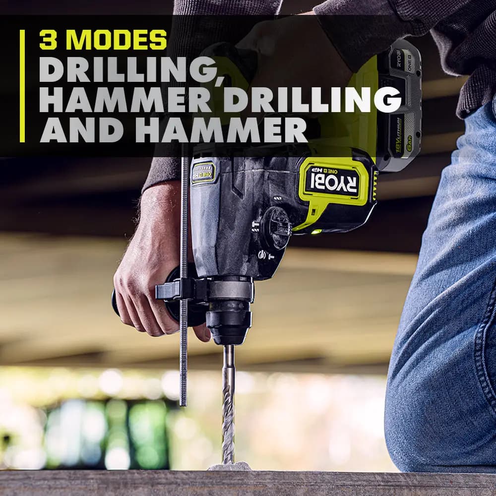 RYOBI 18V ONE+ HP 1" SDS Rotary Hammer Kit [BPM 0 - 5,000, RPM 0 - 1,380, Impact Energy Up to 2.1 Joules]