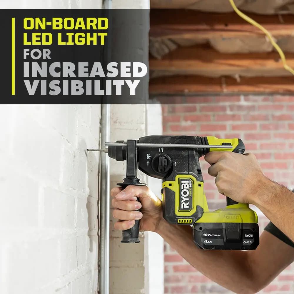 RYOBI 18V ONE+ HP 1" SDS Rotary Hammer Kit [BPM 0 - 5,000, RPM 0 - 1,380, Impact Energy Up to 2.1 Joules]