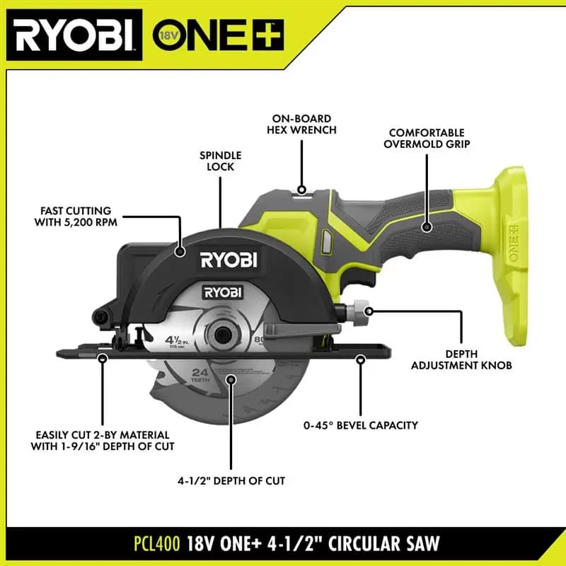 RYOBI 18V ONE+ 4-1/2" Circular Saw Kit [Fuel Gauge Integrated LEDs, Capacity 2Ah, Voltage 18V]