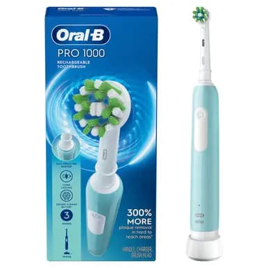 Oral-B Pro 1000 Rechargeable Electric Toothbrush Twin Pack, Turquoise [5 SMART Brushing Modes, Interactive Display, Artificial Intelligence]