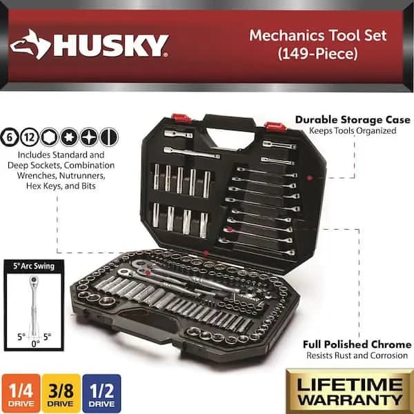 Husky Mechanics Tool Set (149-Piece), H149MTS [Carrier Type: Hard Shell Carrier, Color Family: Silver, Individual/Set: Set]