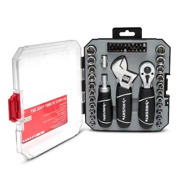 Husky 1/4 in. and 3/8 in. Drive Stubby Ratchet and Socket Set (46-Piece), H46PCSTS [Carrier Type: Hard Shell Carrier, Features: Reversible, Hand Tool Type: Ratchet & Socket Set]