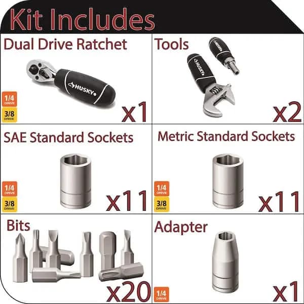 Husky 1/4 in. and 3/8 in. Drive Stubby Ratchet and Socket Set (46-Piece), H46PCSTS [Carrier Type: Hard Shell Carrier, Features: Reversible, Hand Tool Type: Ratchet & Socket Set]