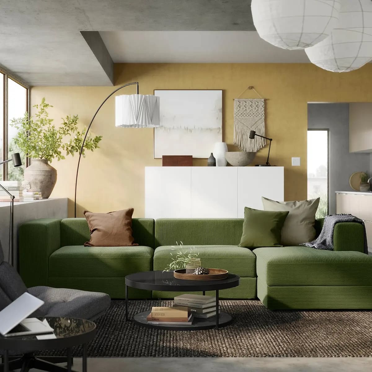 IKEA JÄTTEBO 4-seat mod sofa w chaise, right/Samsala dark yellow-green [Width 122 ", Depth 63 ", Height 28 "]