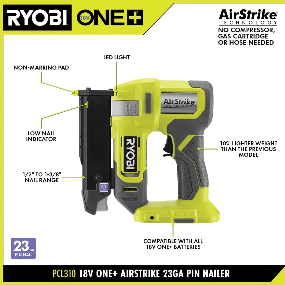 RYOBI 18V ONE+ AirStrike 23GA Pin Nailer Kit [Voltage 18V, Fuel Gauge Integrated LEDs, Capacity 2Ah]