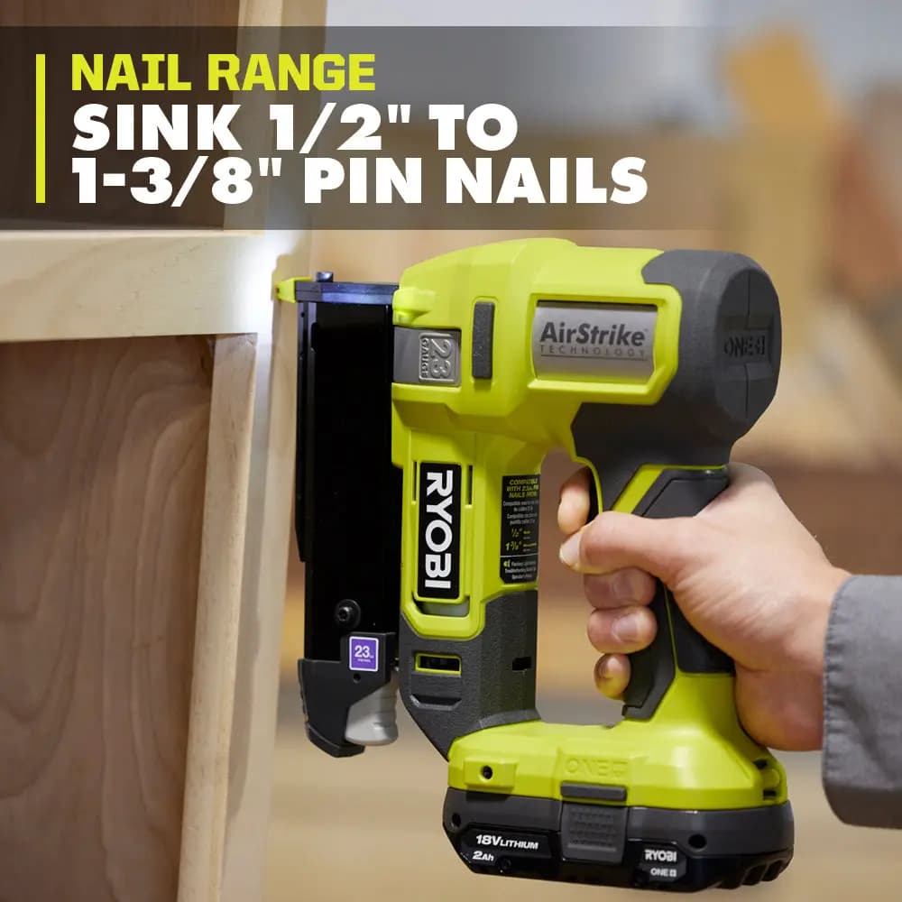 RYOBI 18V ONE+ AirStrike 23GA Pin Nailer Kit [Voltage 18V, Fuel Gauge Integrated LEDs, Capacity 2Ah]