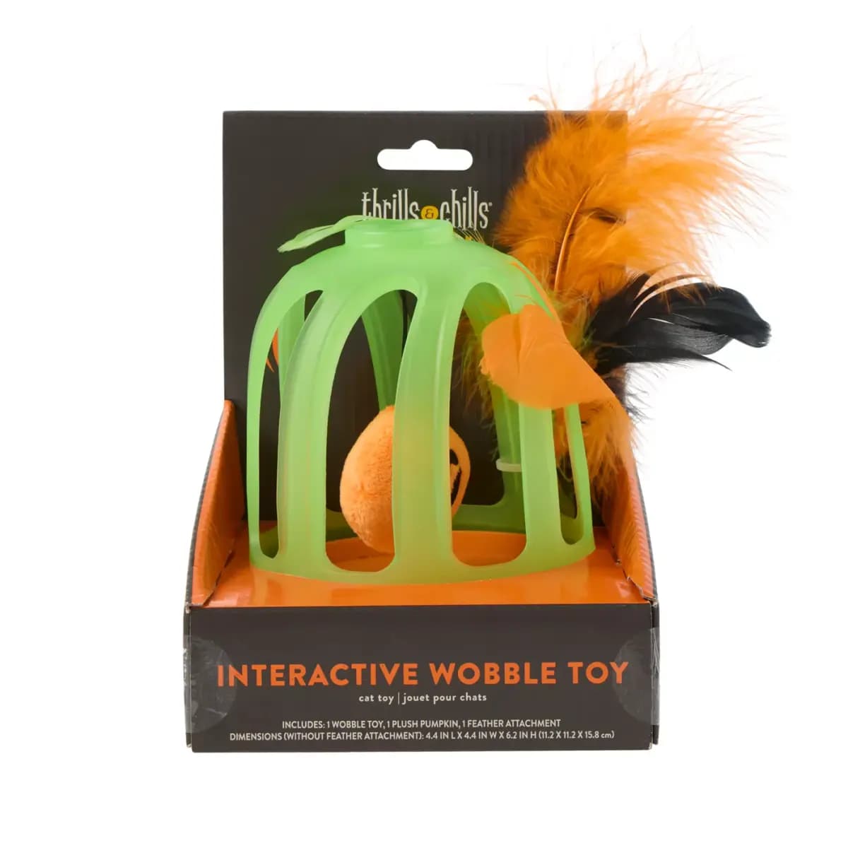 Thrills & Chills™ Halloween Pumpkin Wobble Cat Toy [Brand Thrills & Chills®, Includes 1 Wobble Toy, 1 Plush Pumpkin, 1 Feather, Intended For Cats, Activity Hunt & Stalk, Swat & Pou