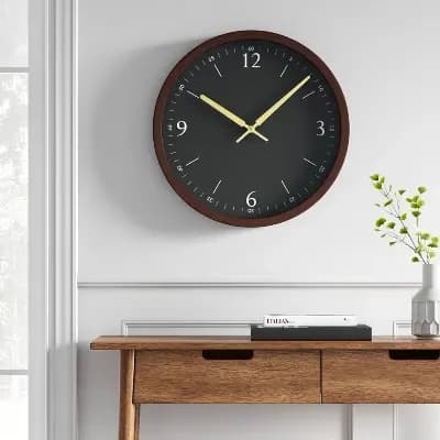Threshold 20" Walnut Woodgrain Wall Clock Black - Thresholdâ„¢: Modern Analog Display, Indoor Decorative Timepiece [3.9 Pounds, Plastic, Black]