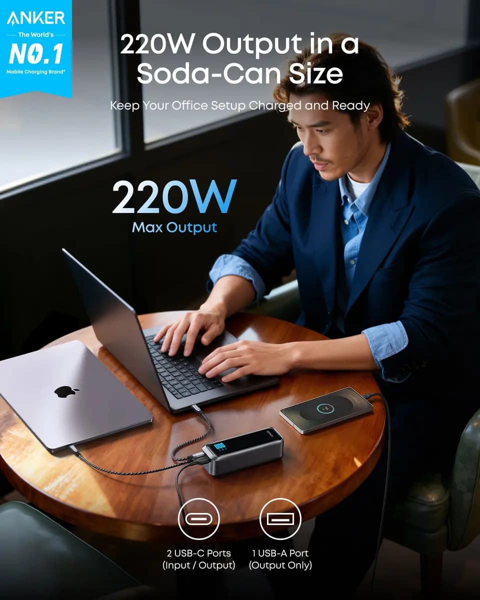 Anker Prime Power Bank (20K, 220W) [20,100mAh, 220W Max, 1.73 × 1.99 × 5.79 in (44 × 50 × 147 mm)]