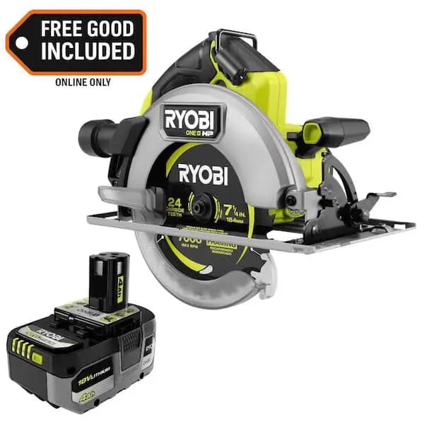 RYOBI ONE+ HP 18V Brushless Cordless 7-1/4 in. Circular Saw with ONE+ 18V 4.0 Ah Battery, PBLCS302B-PBP004 [Battery Amp Hours: 4 Ah, Battery Power Type: Lithium Ion, Battery Size: