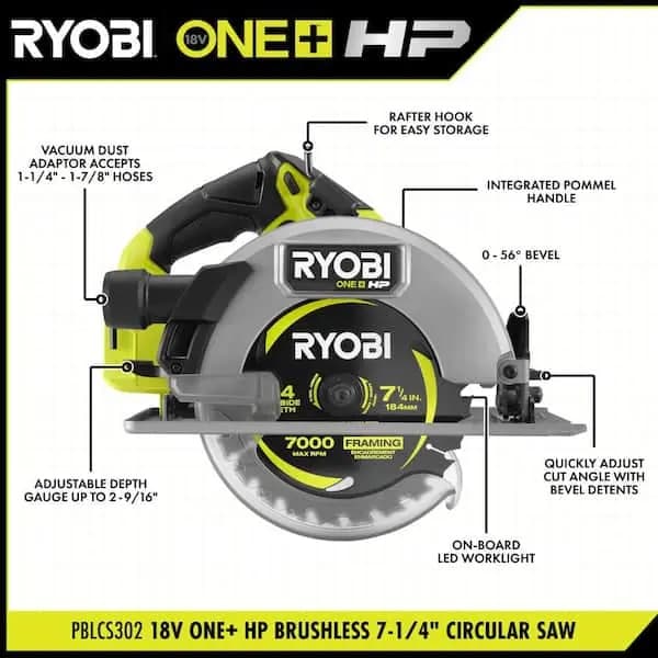 RYOBI ONE+ HP 18V Brushless Cordless 7-1/4 in. Circular Saw with ONE+ 18V 4.0 Ah Battery, PBLCS302B-PBP004 [Battery Amp Hours: 4 Ah, Battery Power Type: Lithium Ion, Battery Size: 
