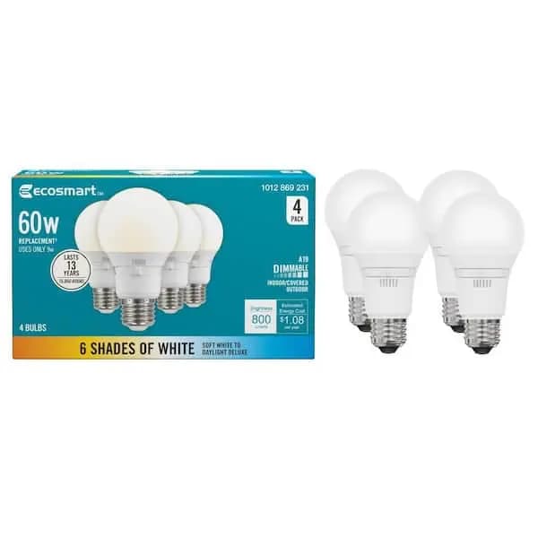 EcoSmart 60-Watt Equivalent A19 E26 Base Dimmable LED Light Bulb with Selectable Color Temperature (4-Pack), 14A19060W6CCT01 [Actual Color Temperature (K): 2700,3000,3500,4000,5000