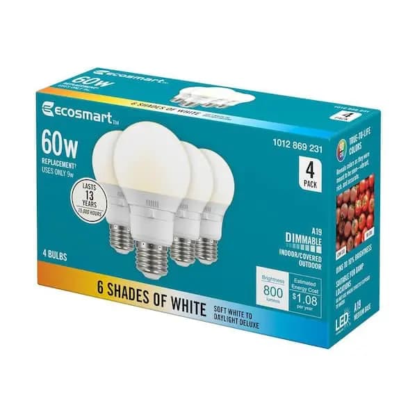 EcoSmart 60-Watt Equivalent A19 E26 Base Dimmable LED Light Bulb with Selectable Color Temperature (4-Pack), 14A19060W6CCT01 [Actual Color Temperature (K): 2700,3000,3500,4000,5000