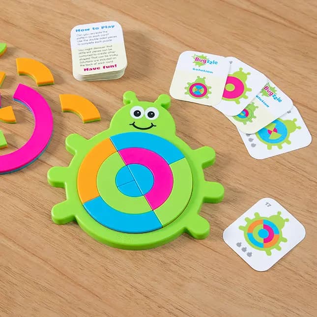 Fat Brain Toys Bugzzle Match-the-Picture Fraction-Learning Brainteaser for Kids Ages 3 and Up [Puzzle of arranging semi-circular pieces to match pictures on puzzle cards, Encourage