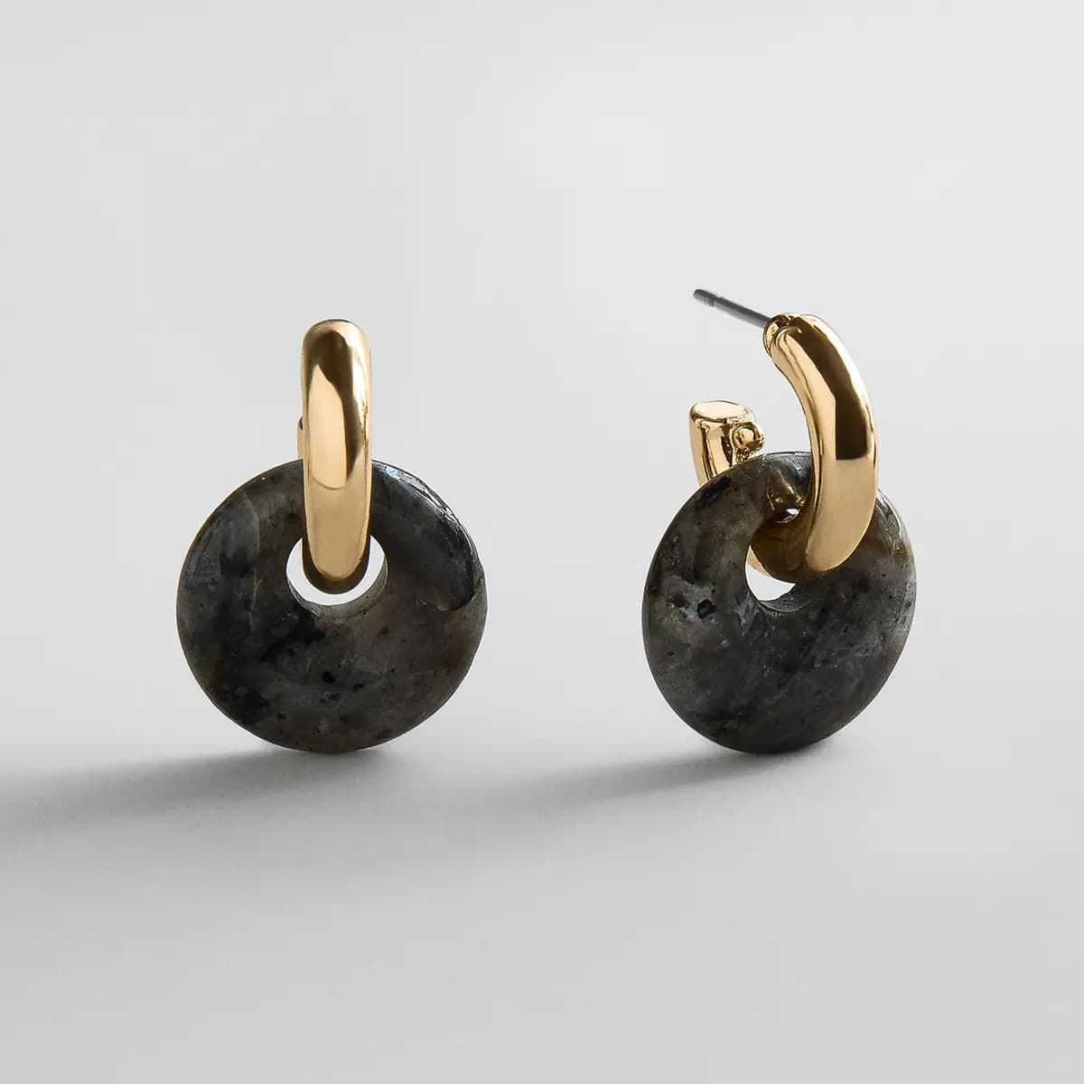 BaubleBar Shea Semi-Precious Drop Earrings - Grey [Thick gold huggie with a semi-precious charm, Lightweight and comfortable for everyday wear, Easy to mix and match into different