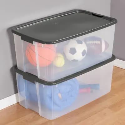 Sterilite 116 Qt Ultra Clear Latch Box Clear Base Flat Gray Lid and Latches: Stackable Storage Tote with Handles [116 Quart, Plastic, Spot or Wipe Clean]
