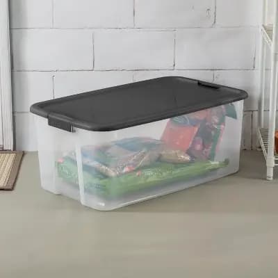 Sterilite 116 Qt Ultra Clear Latch Box Clear Base Flat Gray Lid and Latches: Stackable Storage Tote with Handles [116 Quart, Plastic, Spot or Wipe Clean]