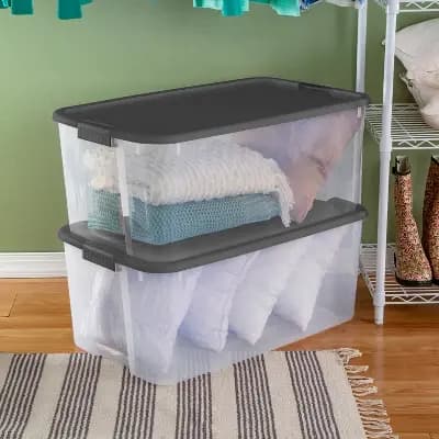 Sterilite 116 Qt Ultra Clear Latch Box Clear Base Flat Gray Lid and Latches: Stackable Storage Tote with Handles [116 Quart, Plastic, Spot or Wipe Clean]