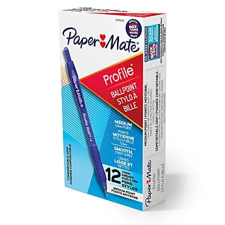 Paper Mate Ballpoint Pen, Profile Retractable Pen, Medium Point (1.0mm), Blue, 12 Count [Total Quantity 12 Pens, Color (Barrel) Blue, point type Medium, Color (Ink) Blue]