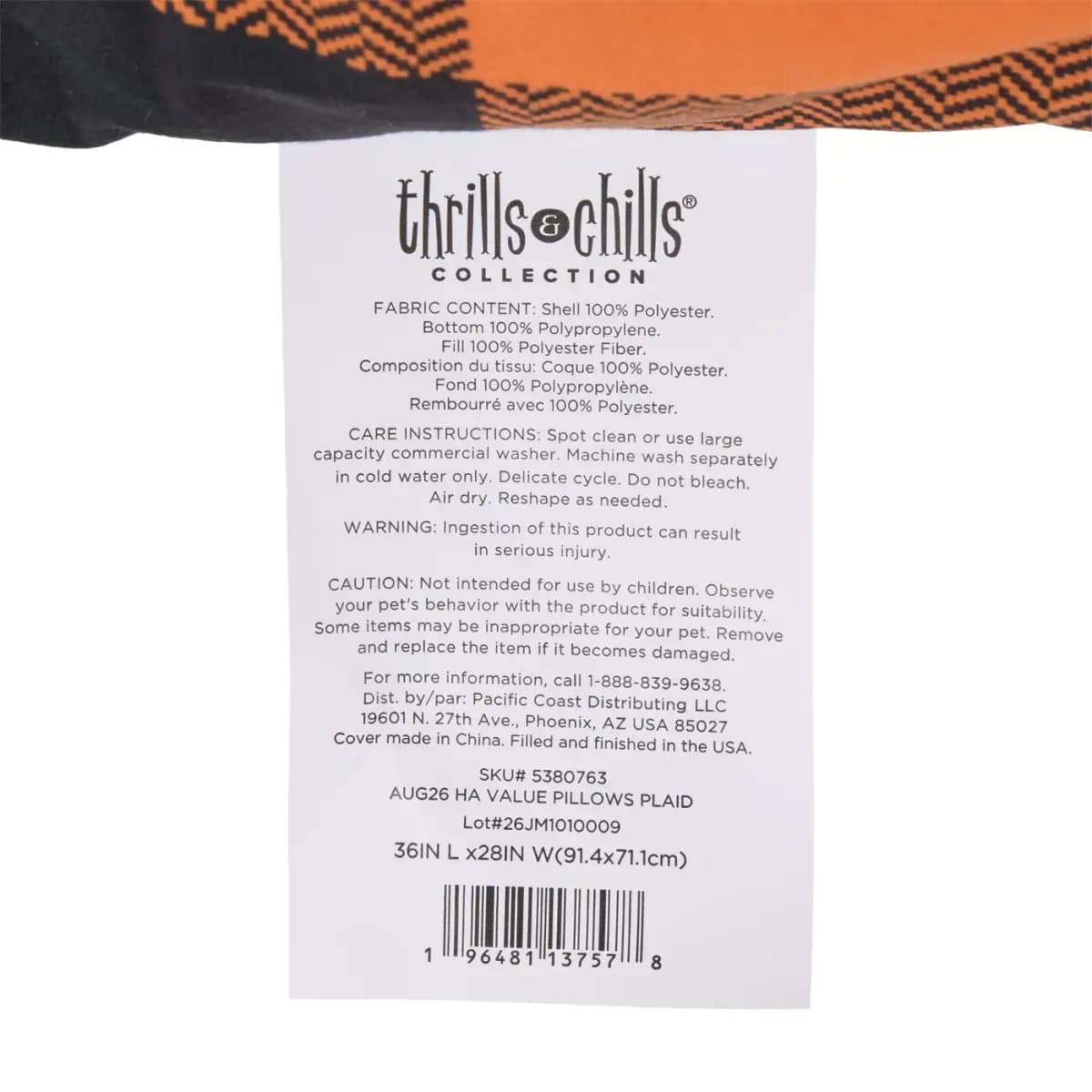 Thrills & Chills® Halloween Plaid Pillow Dog Bed, ONESIZE 36 IN L X 28 IN W [Brand Thrills & Chills®, Includes 1 Pillow Bed, Intended Pet(s) Dpgs, Material(s) Polyfill, Velboa, Non