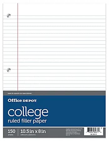 Office Depot® Brand Notebook Filler Paper, College-Ruled, 8" x 10 1/2", White, Pack Of 150 Sheets [sheet size 8" x 10-1/2", Color (Paper) White, Number of Reams/Packs 1, sheets per