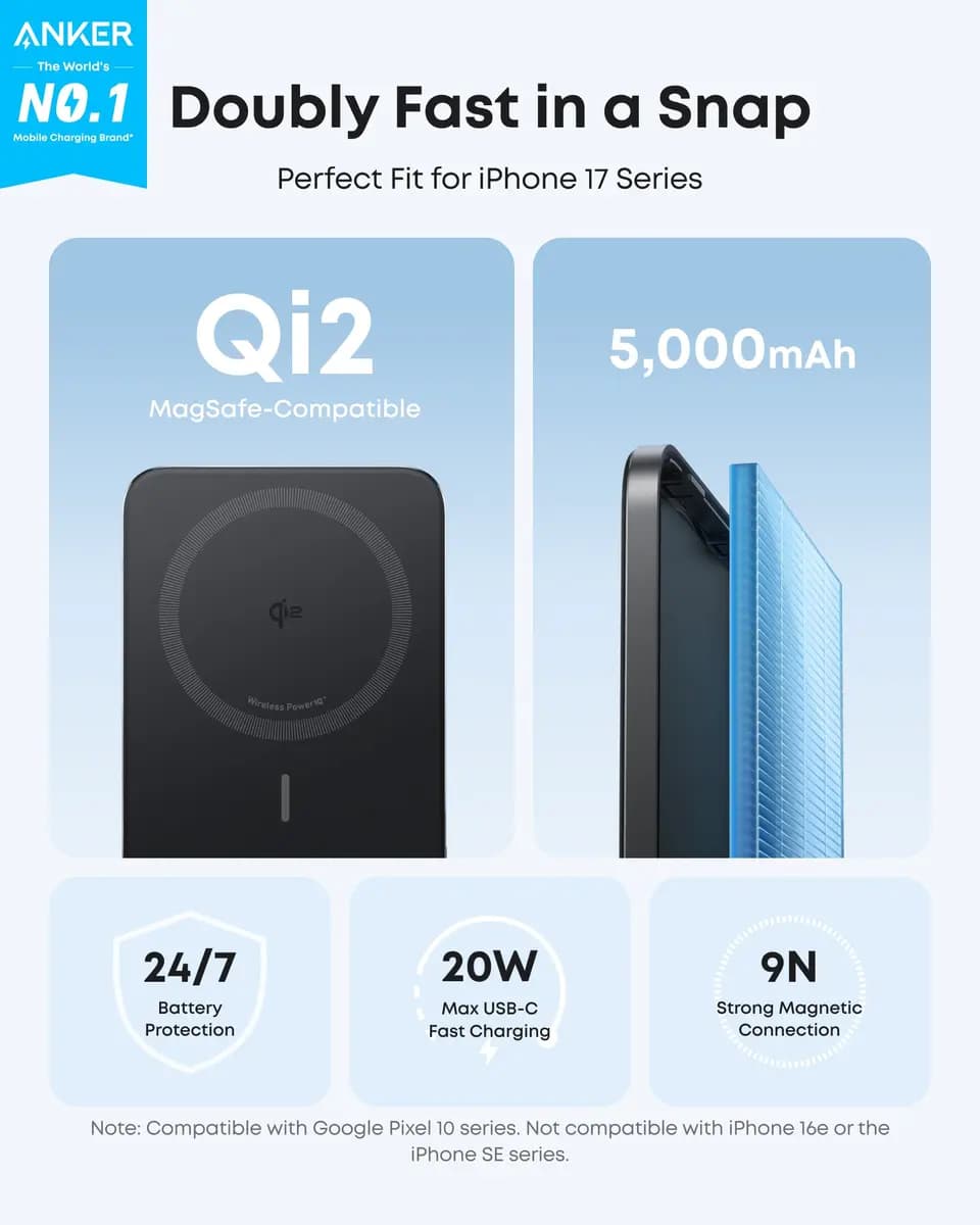 Anker Nano Power Bank (5K, MagGo, Slim) [5,000mAh, USB-C: 5V⎓3A / 9V⎓2.22A, USB-C: 5V⎓3A / 9V⎓2.22A,]