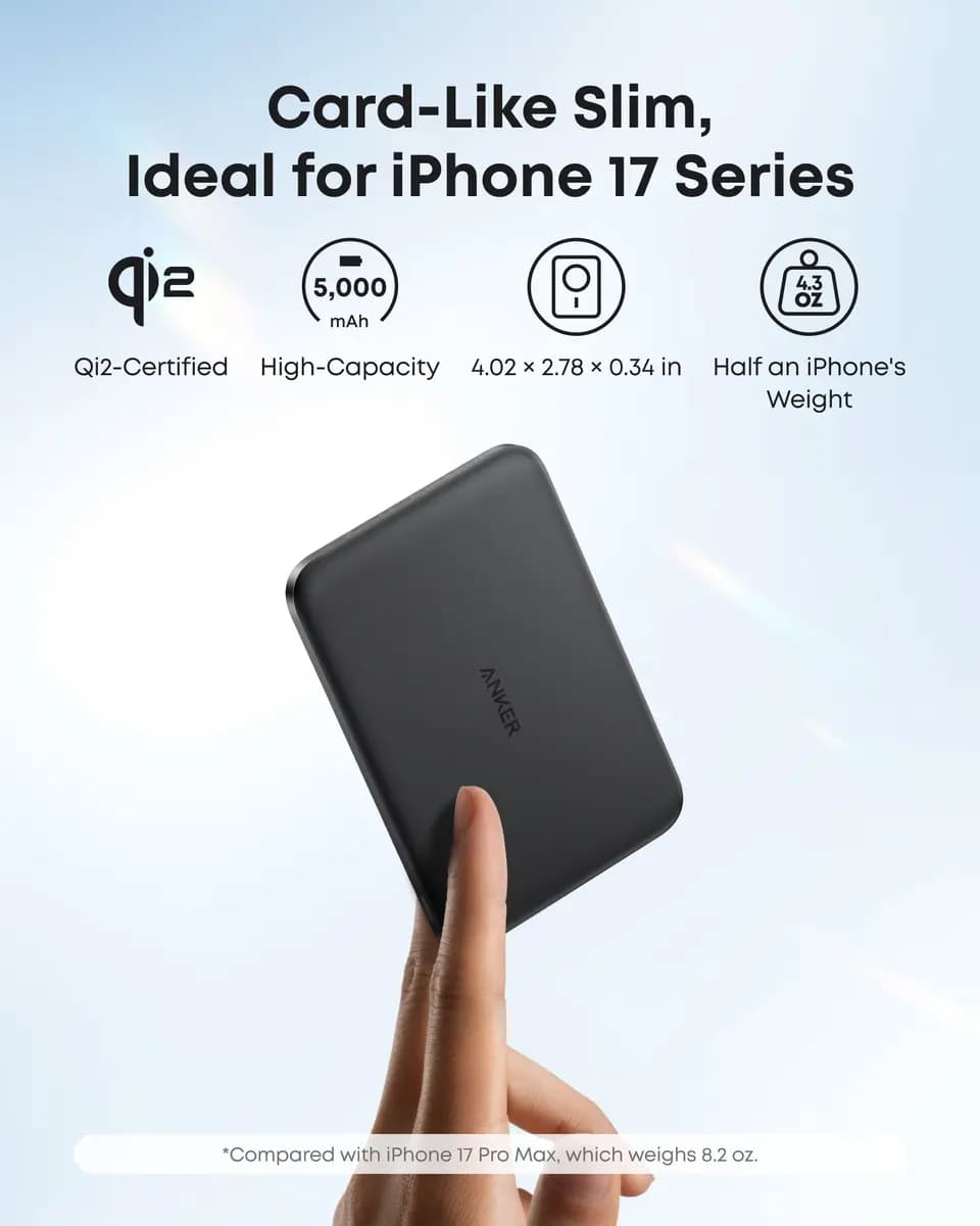 Anker Nano Power Bank (5K, MagGo, Slim) [5,000mAh, USB-C: 5V⎓3A / 9V⎓2.22A, USB-C: 5V⎓3A / 9V⎓2.22A,]