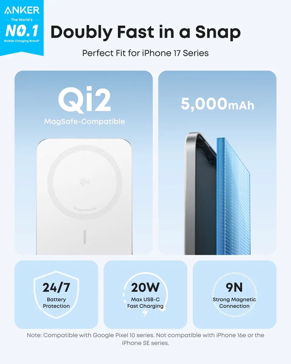 Anker Nano Power Bank (5K, MagGo, Slim) [5,000mAh, USB-C: 5V⎓3A / 9V⎓2.22A, USB-C: 5V⎓3A / 9V⎓2.22A,]