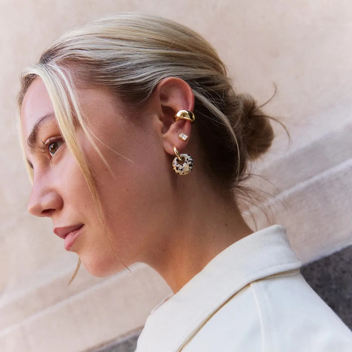 BaubleBar Shea Semi-Precious Drop Earrings - Dalmation [Thick gold huggie with a semi-precious charm, Lightweight and comfortable for everyday wear, Easy to mix and match into diff