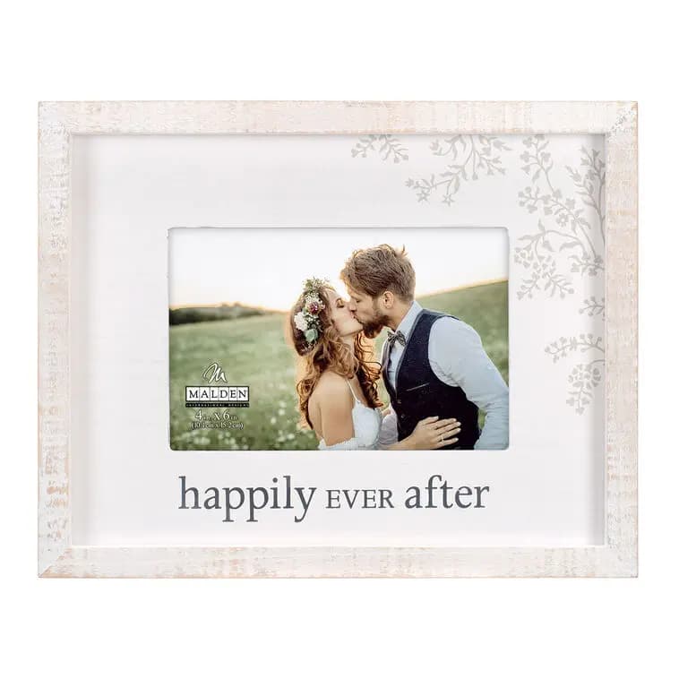 Malden Happily Ever After Rustic White Wood Picture Frame, 4x6 [Malden weathered white wood picture, Happily ever after., Holds one horizontal 4x6., Easel back.]