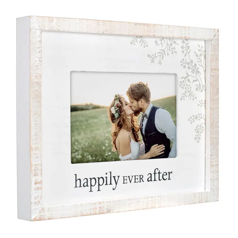 Malden Happily Ever After Rustic White Wood Picture Frame, 4x6 [Malden weathered white wood picture, Happily ever after., Holds one horizontal 4x6., Easel back.]