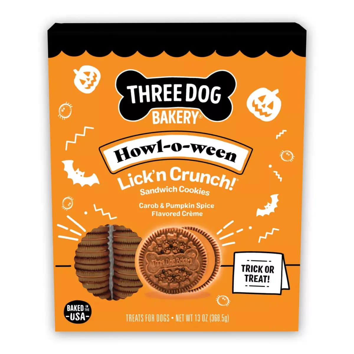 Three Dog Bakery Howl-o-ween Lick'n Crunch Sandwich Cookie Dog Treats - Carob & Pumpkin Spice Flavor [Species Dog, Brand Three Dog Bakery, Food Type Cookie, Breed Size All]
