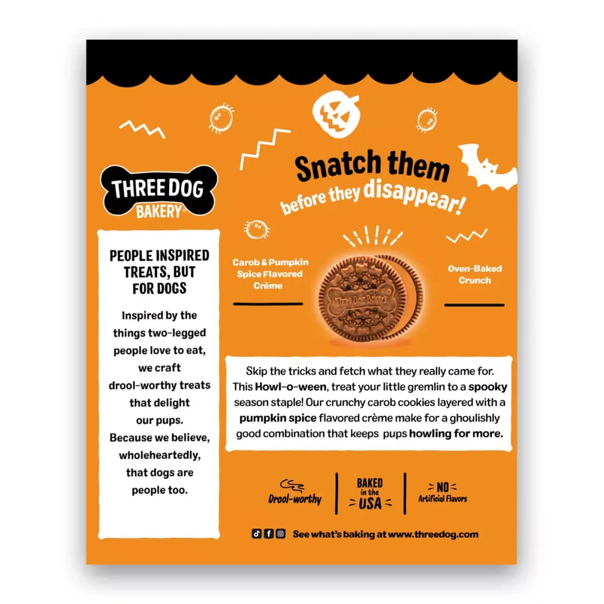 Three Dog Bakery Howl-o-ween Lick'n Crunch Sandwich Cookie Dog Treats - Carob & Pumpkin Spice Flavor [Species Dog, Brand Three Dog Bakery, Food Type Cookie, Breed Size All]