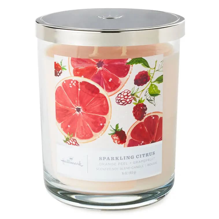 Sparkling Citrus 3-Wick Jar Candle, 16 oz. [Dimensions 3.7" dia. x 5" H, Material Glass, metal and wax., Count 1, Scent Orange peel and grapefruit.]