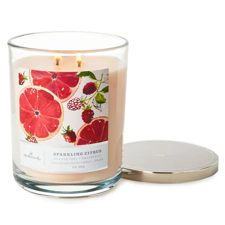 Sparkling Citrus 3-Wick Jar Candle, 16 oz. [Dimensions 3.7" dia. x 5" H, Material Glass, metal and wax., Count 1, Scent Orange peel and grapefruit.]