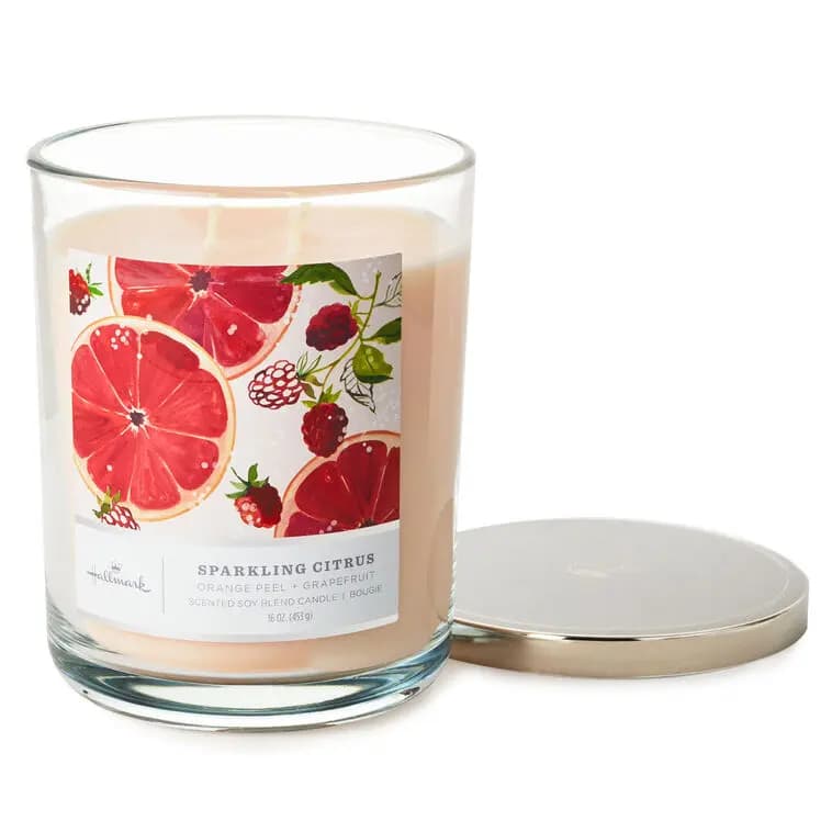 Sparkling Citrus 3-Wick Jar Candle, 16 oz. [Dimensions 3.7" dia. x 5" H, Material Glass, metal and wax., Count 1, Scent Orange peel and grapefruit.]