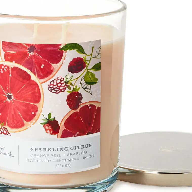 Sparkling Citrus 3-Wick Jar Candle, 16 oz. [Dimensions 3.7" dia. x 5" H, Material Glass, metal and wax., Count 1, Scent Orange peel and grapefruit.]