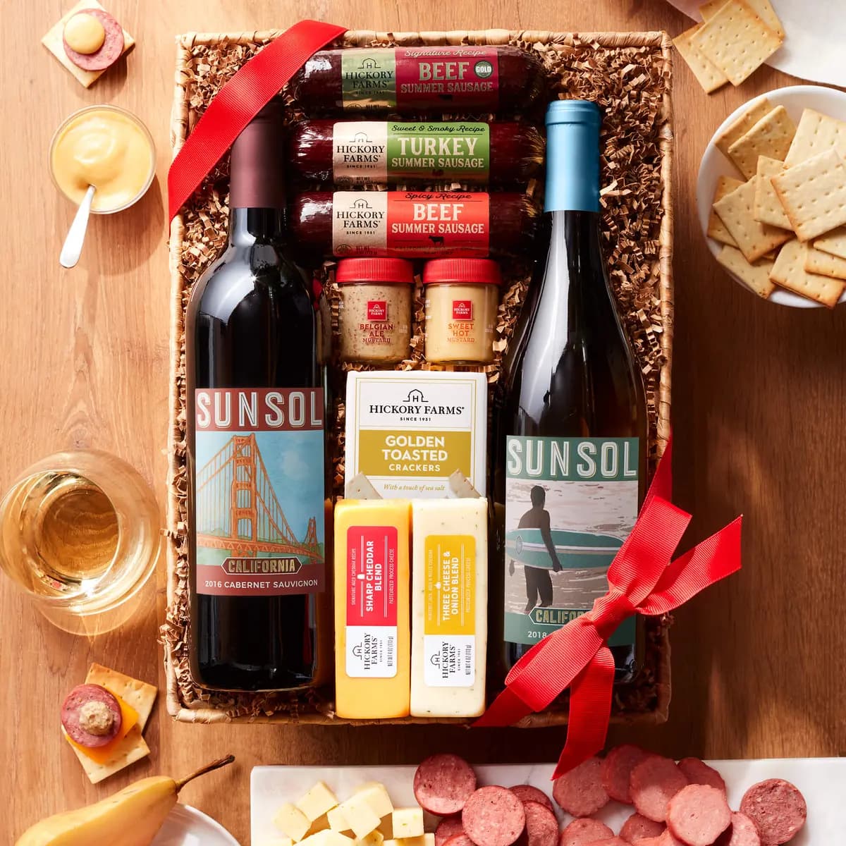 Hearty Bites & Wine Gift Basket [4 oz, 4 oz, 4 oz]
