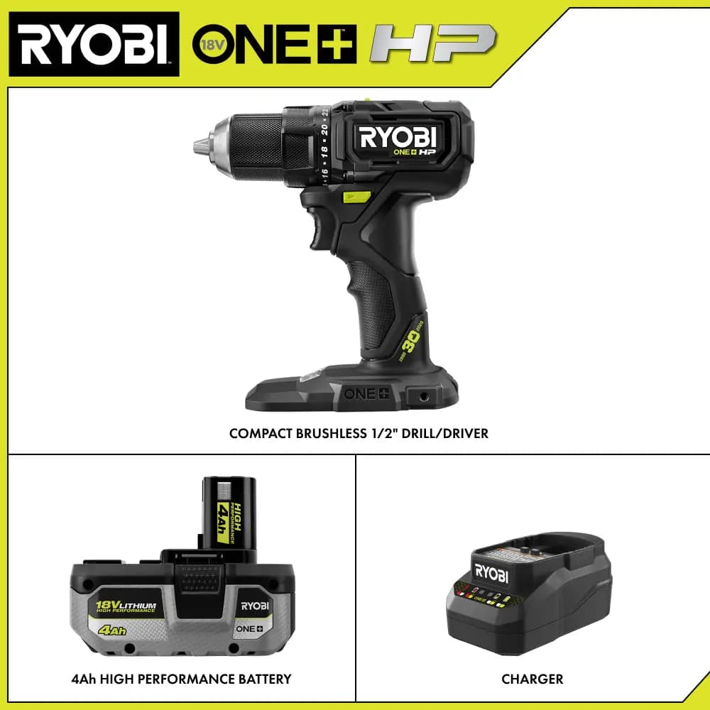 RYOBI LIMITED EDITION 18V ONE+ HP Compact Brushless 1/2" Drill/Driver Kit [Voltage 18V, Fuel Gauge Integrated LEDs, Capacity 4Ah]