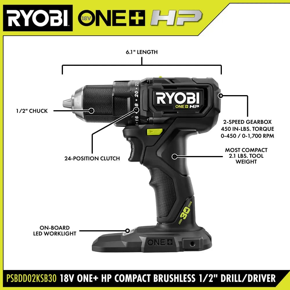 RYOBI LIMITED EDITION 18V ONE+ HP Compact Brushless 1/2" Drill/Driver Kit [Voltage 18V, Fuel Gauge Integrated LEDs, Capacity 4Ah]